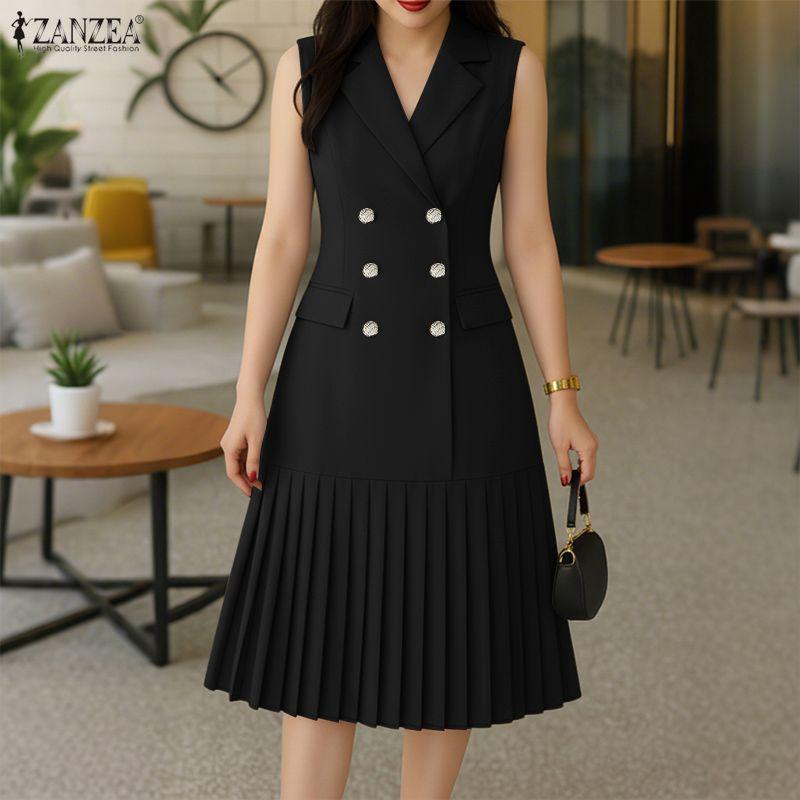ZANZEA Women Casual Turn Down Collar Sleeveless Dress