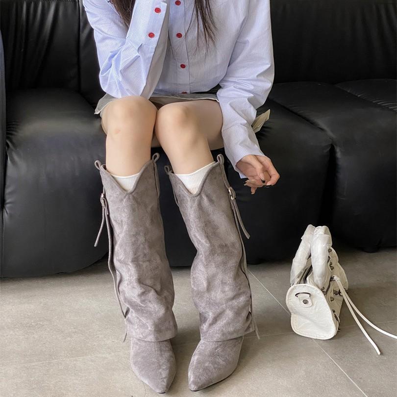 Retro Western Cowboy Style Big Tube Pants Boots Women's Autumn Straight Tube But Knee Cool Spicy Pointed Knight Boots
