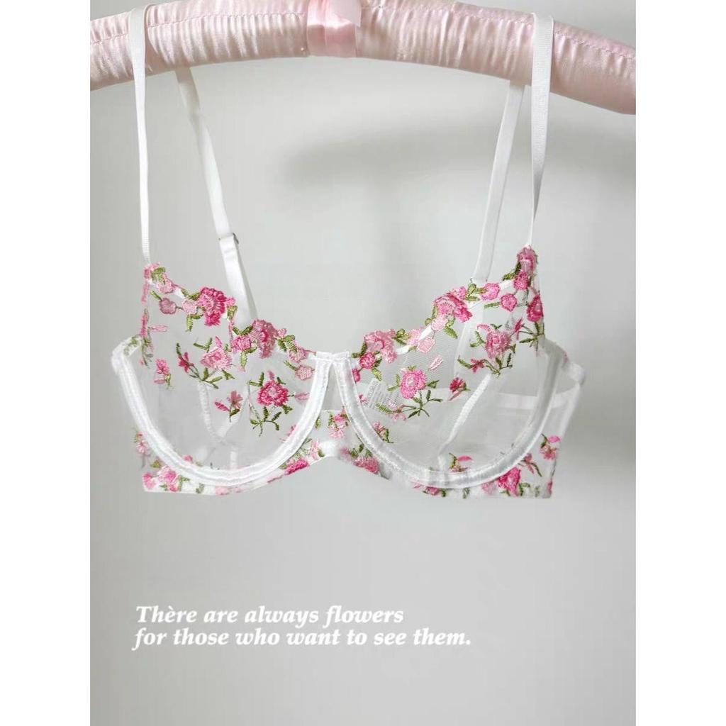 French floral embroidered underwear women's big breasts show small sexy transparent steel ring upper support anti-sagging bra cover