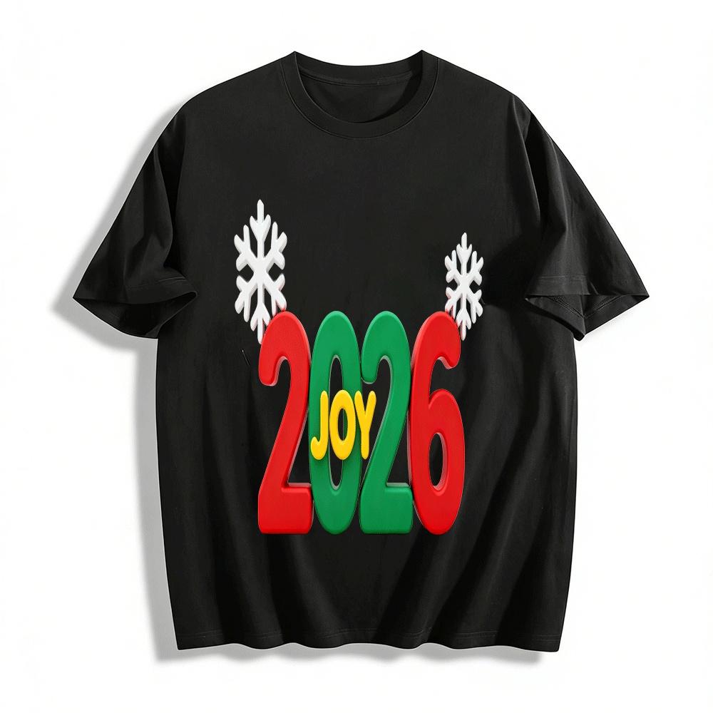 2026 New Year JOY Themed Snowflake Print Casual Holiday Top Pure cotton T-shirt XXS