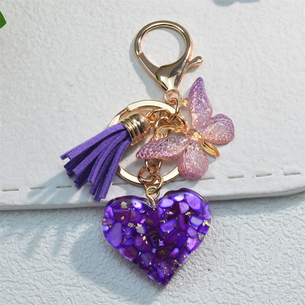 Exquisite Heart Charms Keychains With Butterfly Tassel Shiny Sequin Filled Resin Keyrings Women Bag Ornaments Car Trinket Gifts
