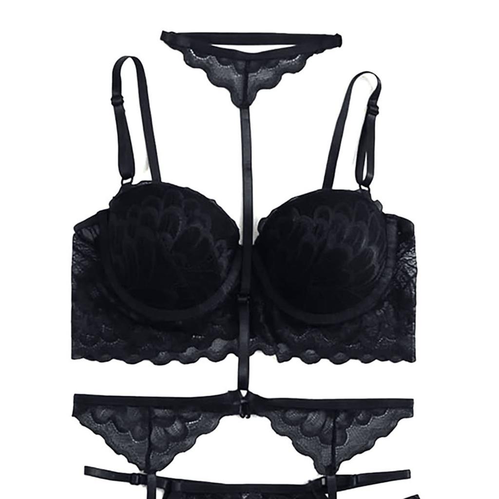 Women Lingerie Set Fashionable Elegant Lace Bra Panty Garter Belt Set Sleepwear for Wedding Night Black L