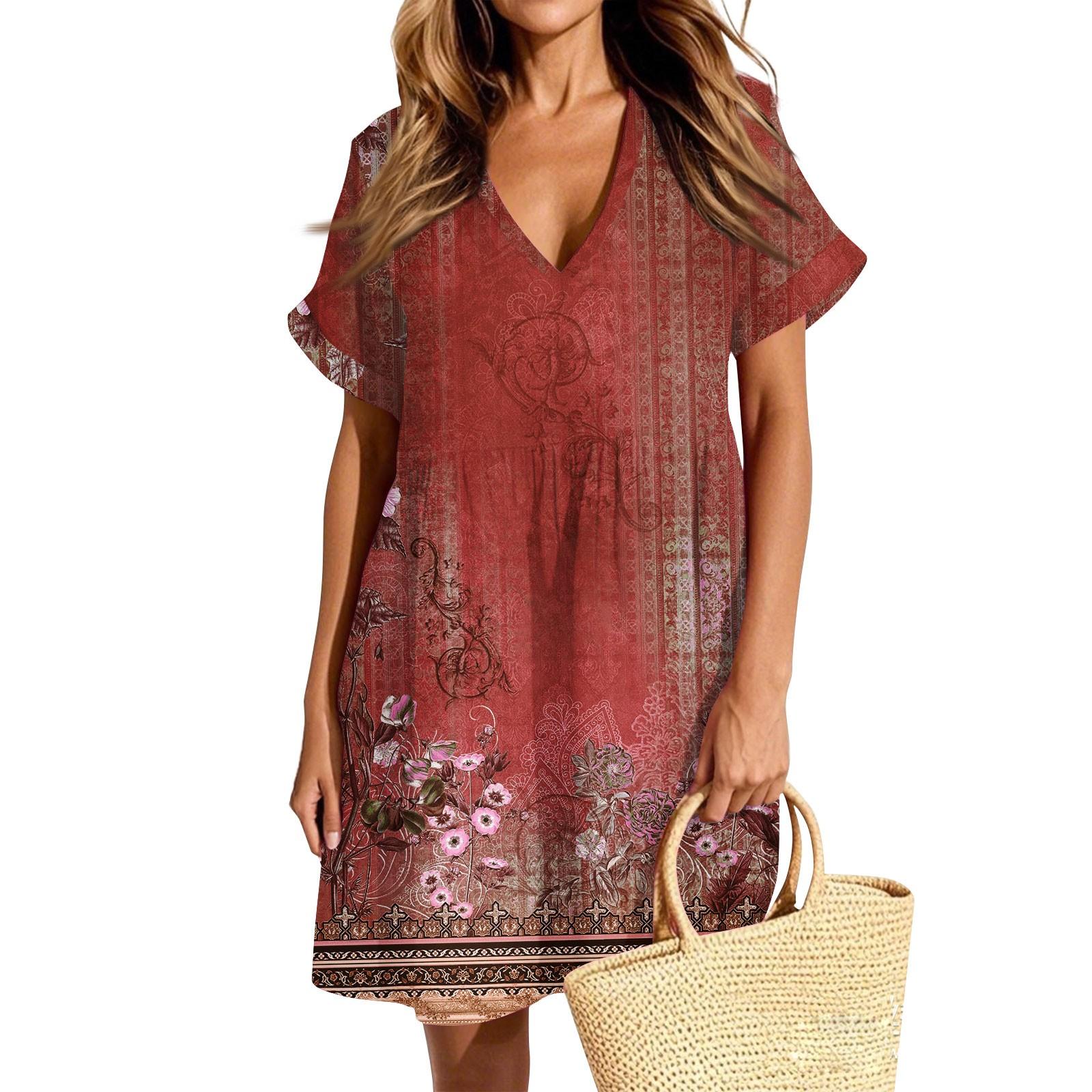 

Женское повседневное модное платье с винтажным цветочным принтом и коротким рукавом и V-образным вырезом XL красный