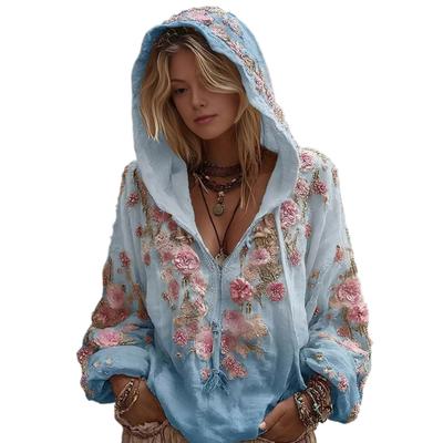 Sudaderas con Capucha y Cremallera con Decoración de Flores 3D para Mujer
