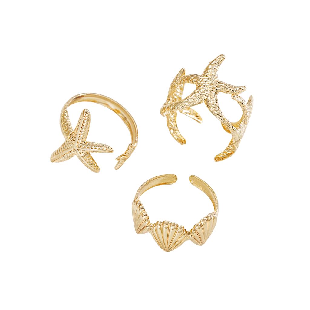 3pcs Bague Empilable Élégante Plage Étoile de Mer Coquillage Bague Ouverte Fer Or Diamant d'Eau Or Vêtements Quotidien Accessoires de Fête