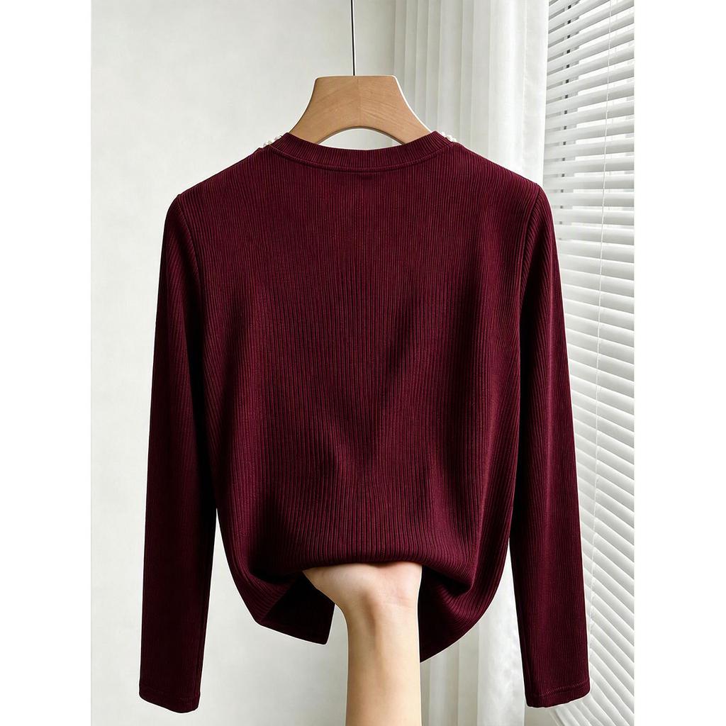 New Style Pearl Round-neck Knitted Base Top for Women - Spring-autumn Plaid Fitted Long-sleeved Elegant Top