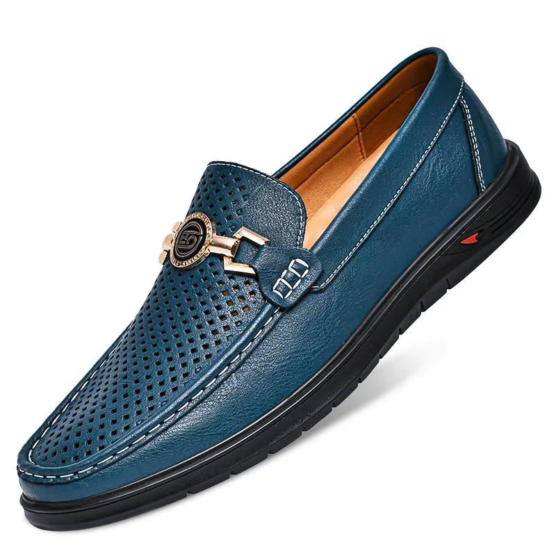 British Style Casual Leather Men Dress Blue Breathable Business Leather Shoes Handmade Loafers Classic Men Wedding Oxfords Flats