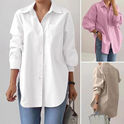Blusa Elegante Primavera 2026 Camicia Stylish da Donna con Scollo a Revers Manica Lunga Top Svasati Monocolore Spacco Laterale Oversize Bluse da Lavoro OL
