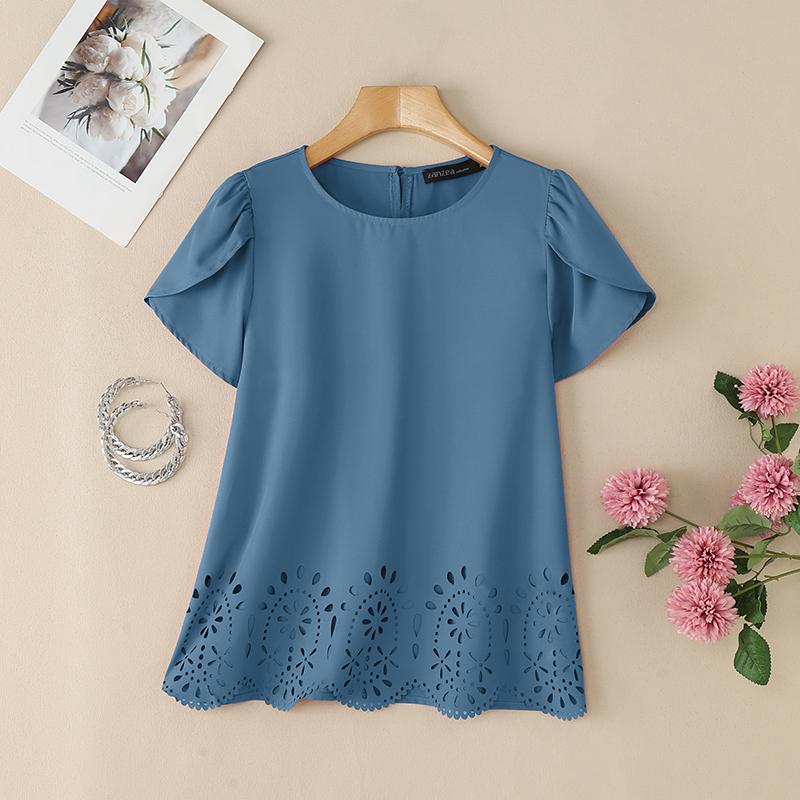 

ZANZEA Женская повседневная летняя блузка с круглым вырезом и коротким рукавом 5XL синий