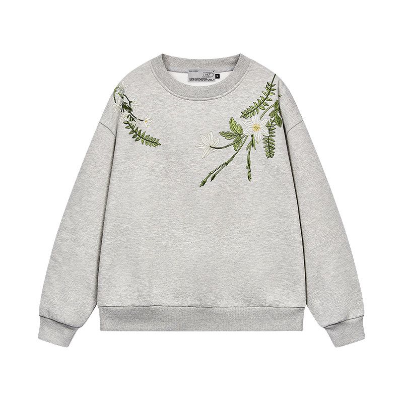 

HACR Flower Harshandcruel Lazy Garland Embroider Plant Series Fleece-lined Crew Neck Pullover Sweatshirt Shallow flower Gray L
