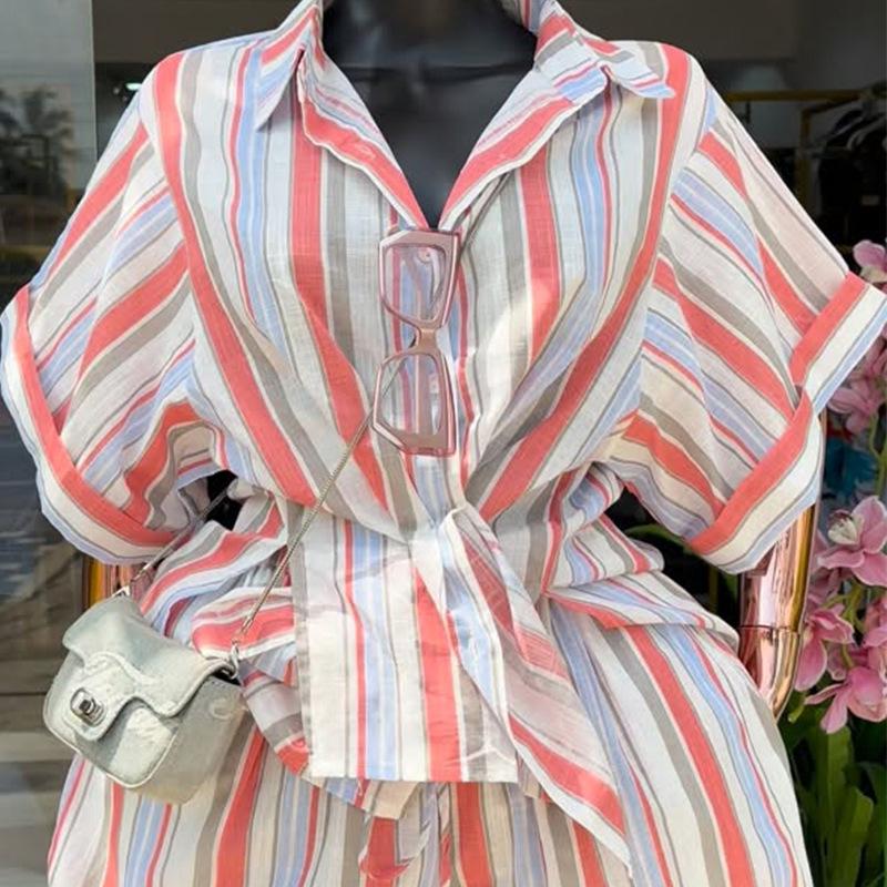 2026 Spring Women's Striped Lapel Shirt & Tie-Up Wide-Leg Shorts Set