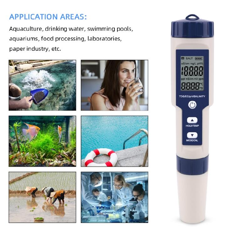 5 in 1 TDS/EC/PH/Salinity/Temperature Water Quality Monitor Tester Hydroponics
