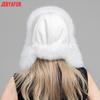 JERYAFUR Women White Ushanka Trapper Hat, Faux Fur Ear Flap with Pom Poms Warm Ladies Winter Cap for Snowy Cold Weather