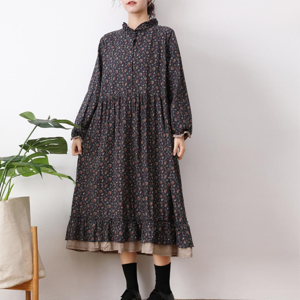 Women's Fashion Cotton Linen Long Sleeve Splicing Loose Large Size Floral Dresses