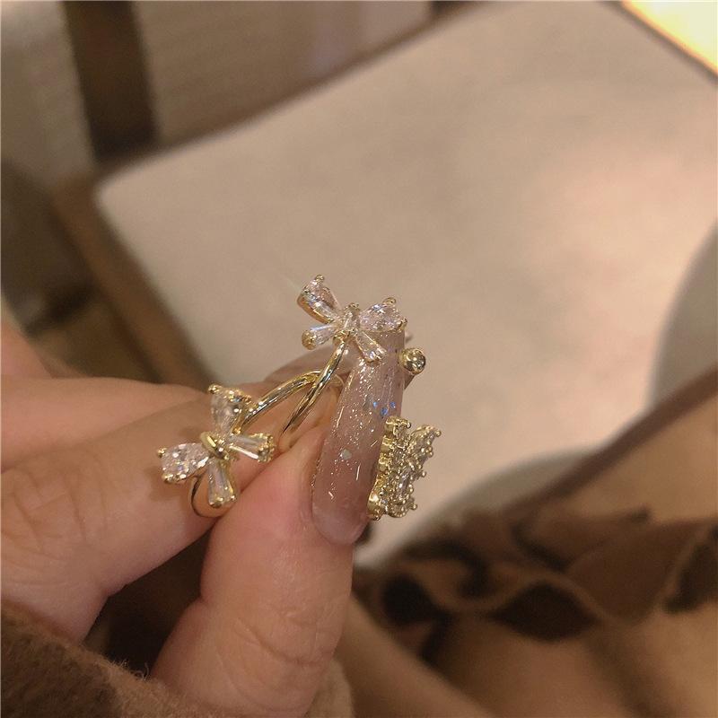 Super Flash Butterfly Open Ring Zircon Adjustable Light Luxury Advanced Sense Index Finger Ring Female