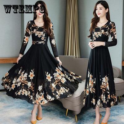 Plus Size Chiffon Dress Waist Slimming Over The Knee and Swinging Long Skirt Spring and Autumn