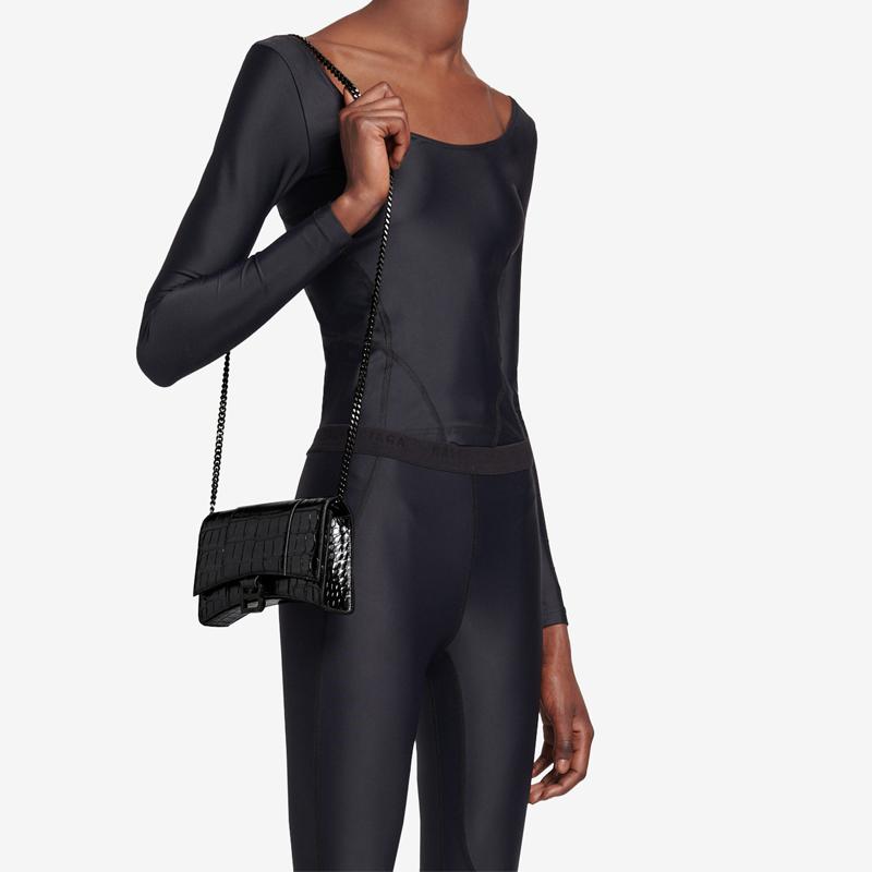 Balenciaga Hourglass Black Buckle Chain Crocodile Embossed Calfskin Mini Shoulder Crossbody Bag Women Bags 656050-1LR67-1000