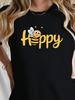 Cute Happy Letter Joyful Bee Pattern Printed Summer Casual Unisexs Short Sleeve Round Neck Tshirt Daily Top Unisexs Clothing