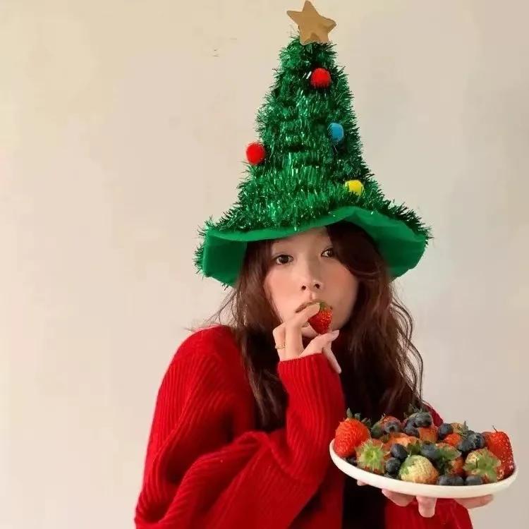 Red Christmas Tree Shape Hat Xmas Adult Kids Props Noel Hat Merry Christmas Decor 2025 Feliz Navidad Happy New Year 2026