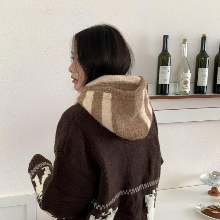 

Drawstring striped balaclava hat women s autumn and winter cold and warm scarf integrated knitted wool pullover hat tide M（56-58cm） рожевий