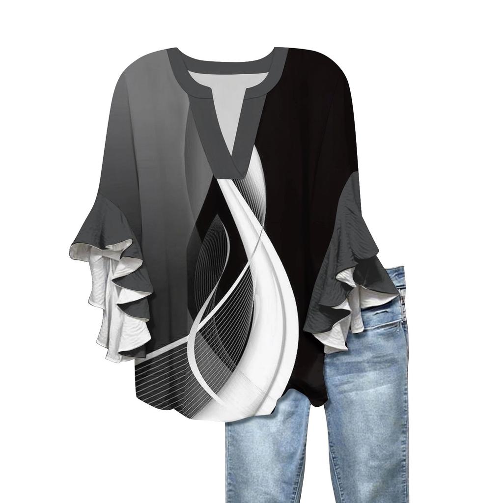 3/4-Ärmel-Shirts für Damen, süßer Aufdruck, Grafik-T-Shirts, Blusen, lässig, Übergröße, Basic, Oberteile mit Rüschenärmeln, Pullover
