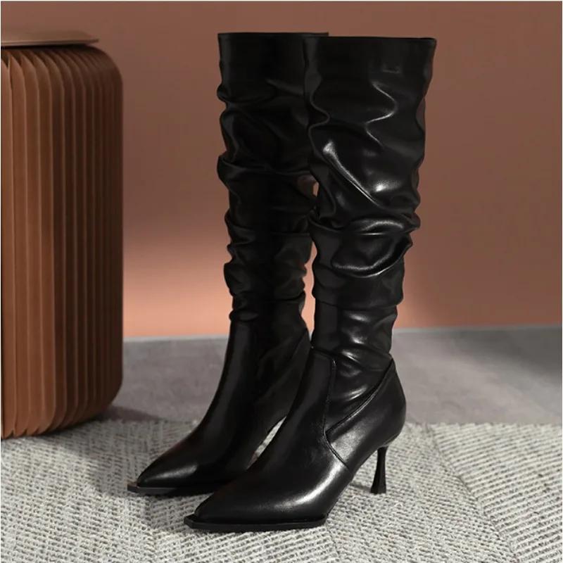 Women's High Barrel Retro Long Boots 2024 Autumn and Winter Knee Length Wrinkled Boots Slim Pointed High Heeled Leather Boots