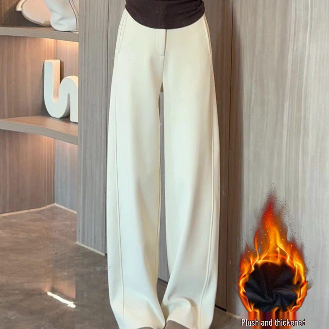 Fleece-Lined Wool Flannel Wide-Leg Pants: Slim-Fit, Versatile, Floor-Length Straight-Leg Design 2XL (136-150 lbs)