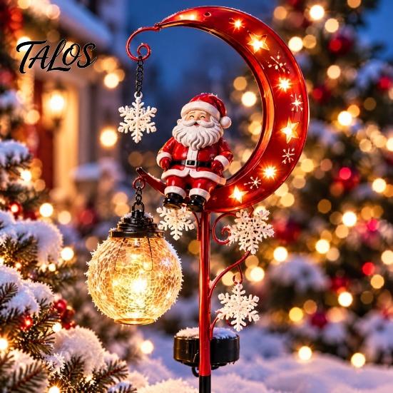 Outdoor Holiday Lighting Christmas Santa Moon Solar Stake Light, Claus Sitting on Half Lamp Decoration Light with Garden Stake, LED Decorative