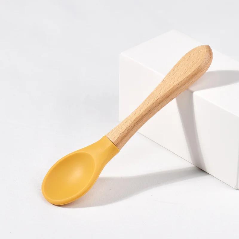 Spoons Baby Feeding Spoon Fork Wooden Handle Spoon Fork Set Soft Silicone Tip Spoon Fork BPA Free Food Grade Infant Toddlers