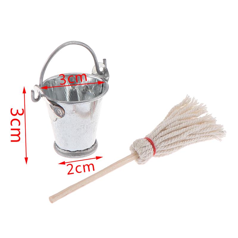 2 Pcs/Set Scale 1:12 Dollhouse Kitchen Garden Mop Bucket Creative Toys Gifts