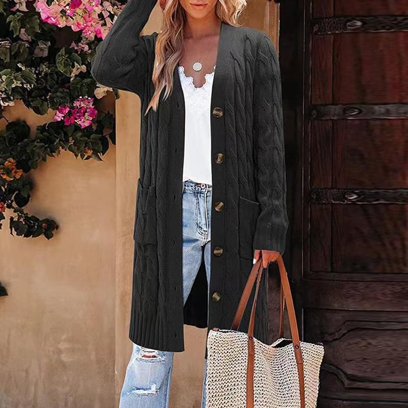 European and American Knitted Pocket Cardigan Autumn and Winter Long Twist Button Cardigan Sweater Jacket