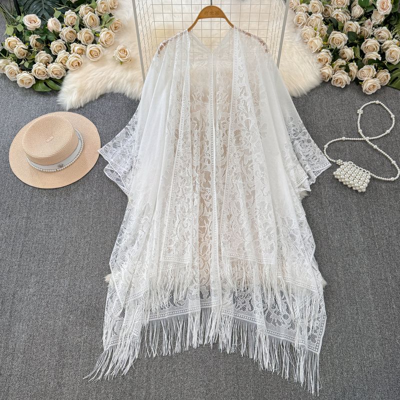 

French Style Retro Lace Crochet Hollow Tassel Shawl Women s Summer New Outerwear Sun Protection Cardigan Smock Top Tide White All yards
