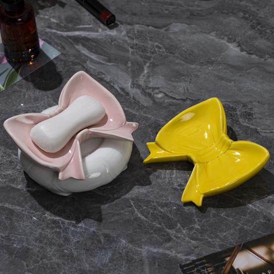Bow Soap Dish Bathroom Ceramic Soap Holder with Self Draining No Water Accumulation Soap Tray for Home Dormitory Washbasin Bathroom Shelf