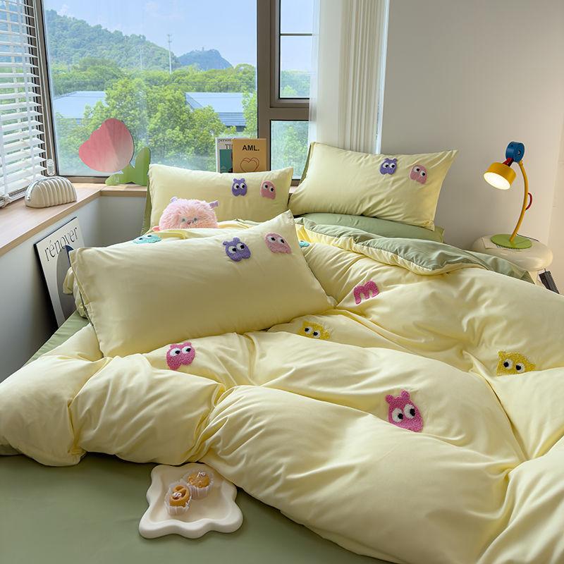 Gu Ling Wei Washed Cotton Four-piece Set Cartoon Dopamine Quilt Cover Sheet Dormitory Three-piece Set