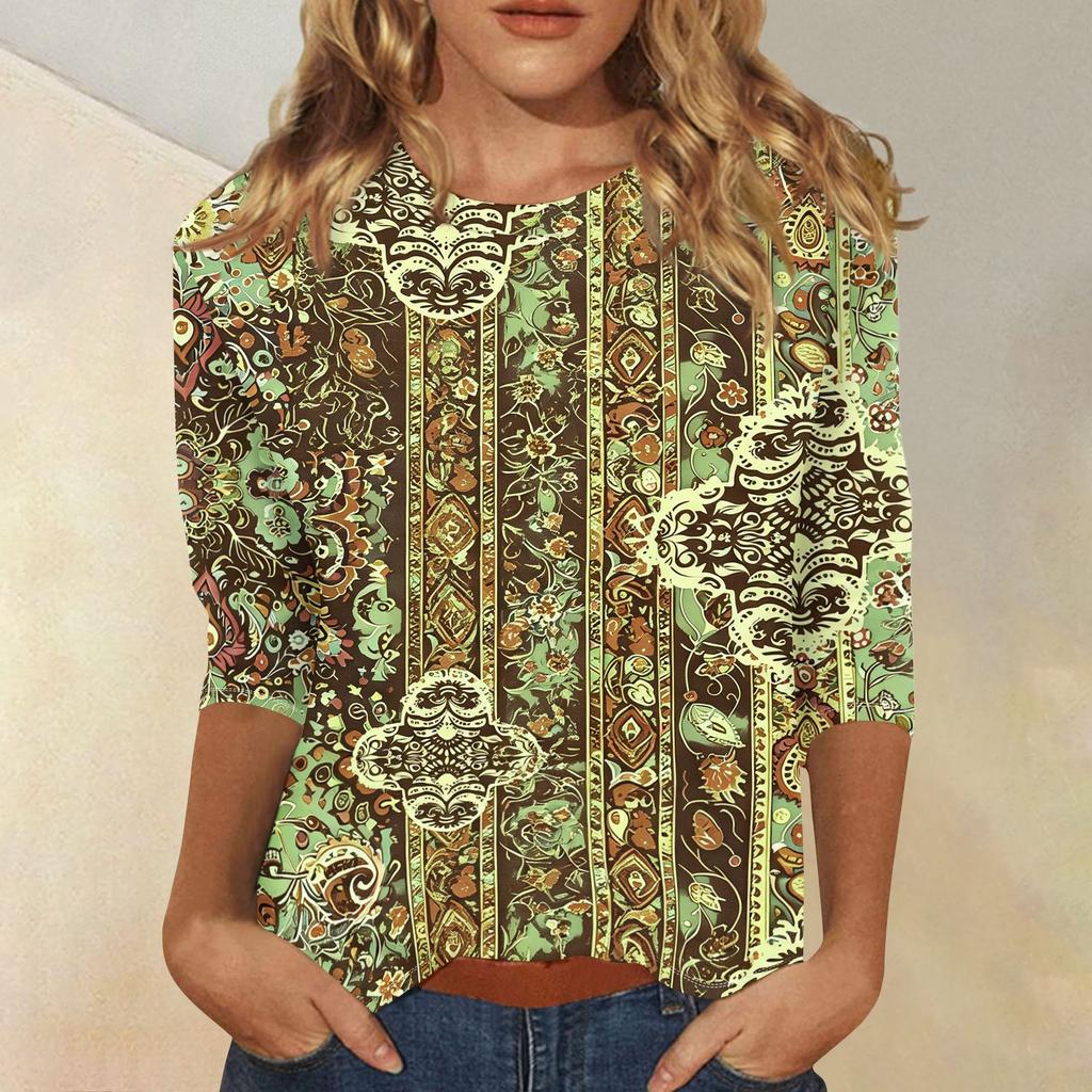 Women's Casual Loose Fit Top Three Quarter Sleeve Blouse with Fashion Printed Pattern Lightweight Comfortable Fabric