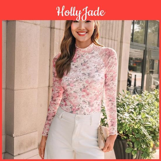 Womens Shirt Floral Tops Layering Slim Sheer Mockneck Mesh Long Sleeve Fit Fall Spring Going Out