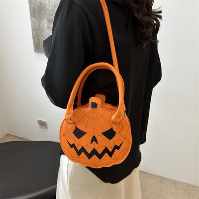 Halloween Runde Pu-Leder Handtasche Umhängetasche, Schicke Color Blocking Tote Tasche, Neue Kürbisförmige Damen Umhängetaschen