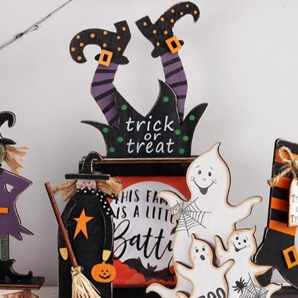 Wooden Halloween Wooden Decor Handicraft Witch Pumpkin Ghost Bat Ornaments Long-lasting Happy Halloween Table Decoration