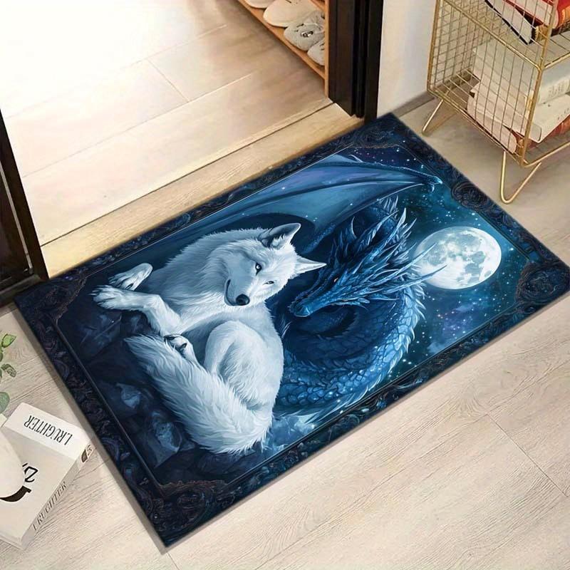 Luxurious Crystal Velvet Dragon and Wolf Mat – Anti-Slip Floor Mat with Celestial Design for Bedroom, Living Room, Office, and M
