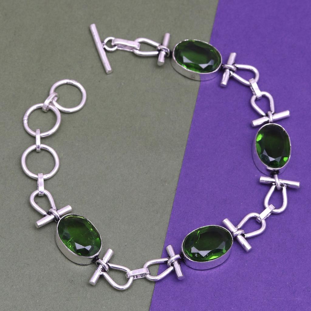 Silver Bracelet Sterling  Peridot Gemstone Quartz Quartz, 7-8" Green