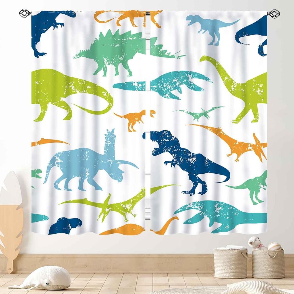 Dinosaur Curtains Boys Room Cartoon Dino Navy Blue Safari Animal Outer Space Planet Astronaut Theme Baby Window Curtain Blackout Polyester