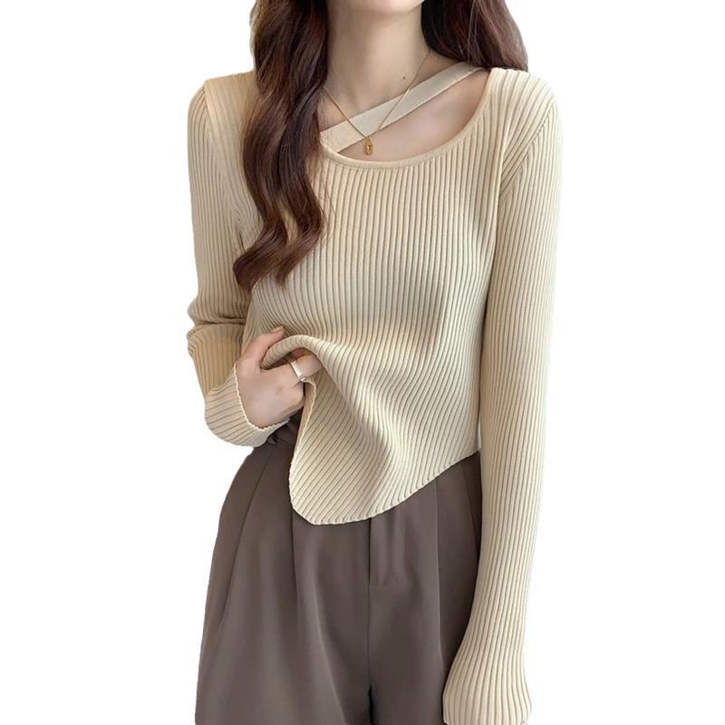 Autumn and Winter Thin Slim-fit Inside Long-sleeved Bottom Knitwear Trendy Design Sense Small Irregular Short Sweater Woman