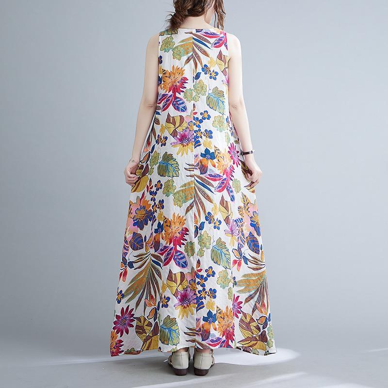 Summer Fashion Dress Women Loose Print Sleeveless Cotton Linen Dress Women's Vest Camisole Dresses