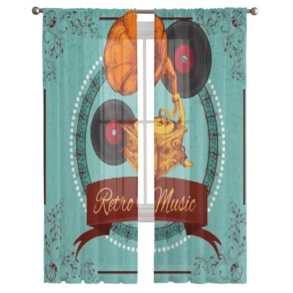 Retro Music Poster With Vinyl Gramophone Chiffon Sheer Curtains for Living Room Bedroom Window Curtain Voiles Tulle Cortinas