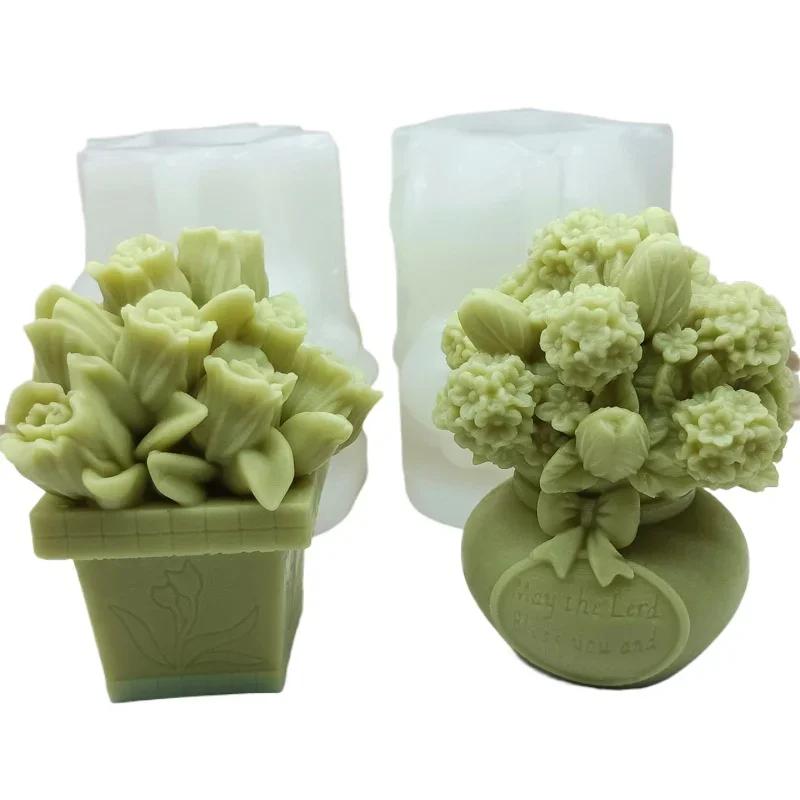 DIY Potted Flowers Silicone Candle Mold 3D Tulip Bouquet Aromatherapy Plaster Soap Resin Crafts Mold Home Decorative Art