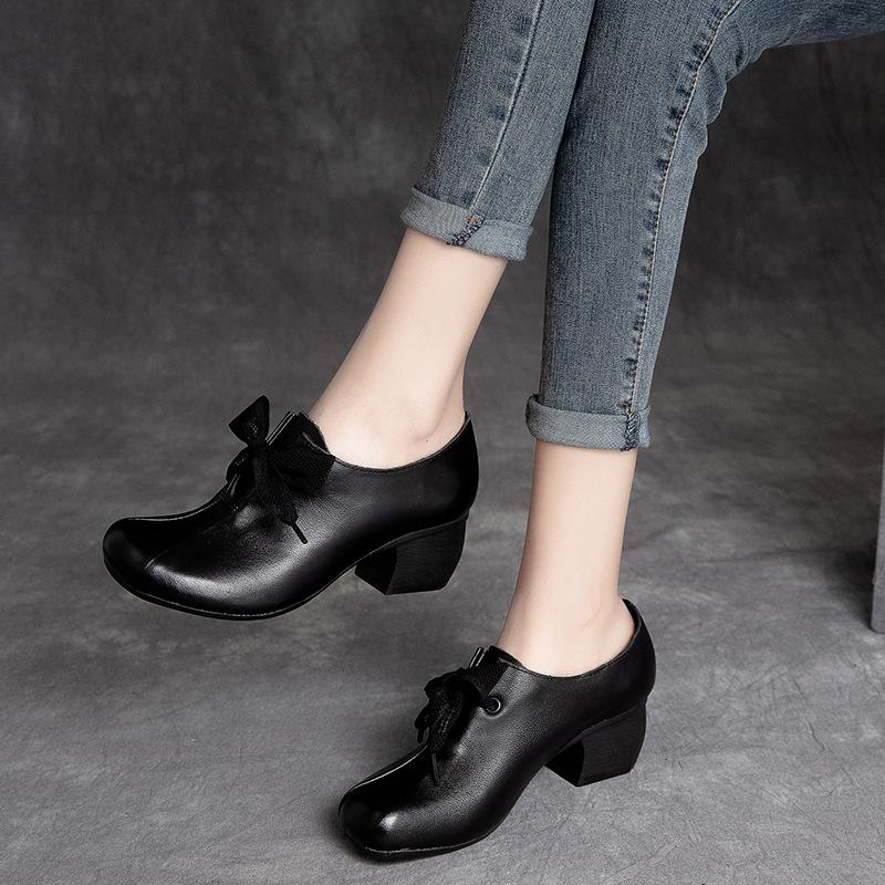 Echte Leder Damen Loafer Klobiger Absatz Schnürung Niedriger Schaft Oxford Schuhe Bequeme Lässige Pumps