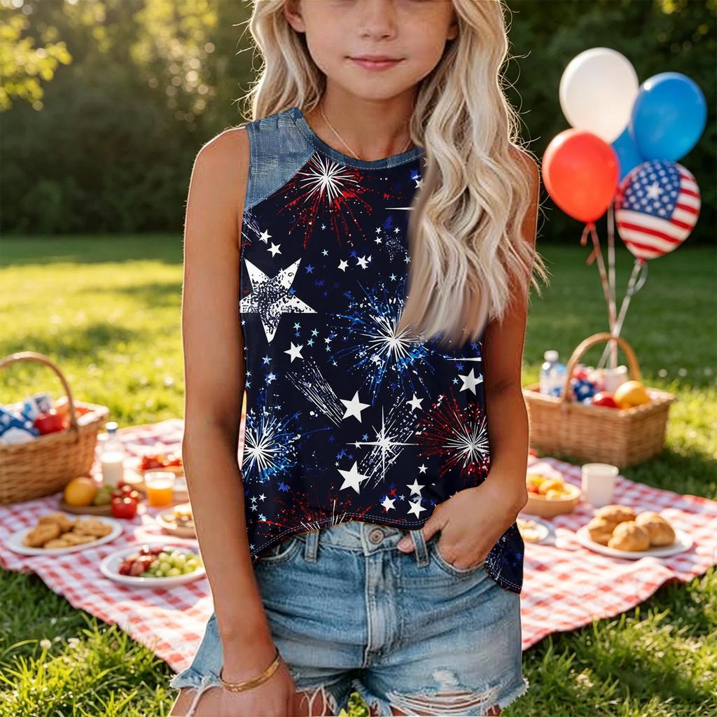 Sleeveless Loose Fit Tank Top Independence Day Star Print Denim Patch Round Neck T Shirt for Women Casual Summer Wear