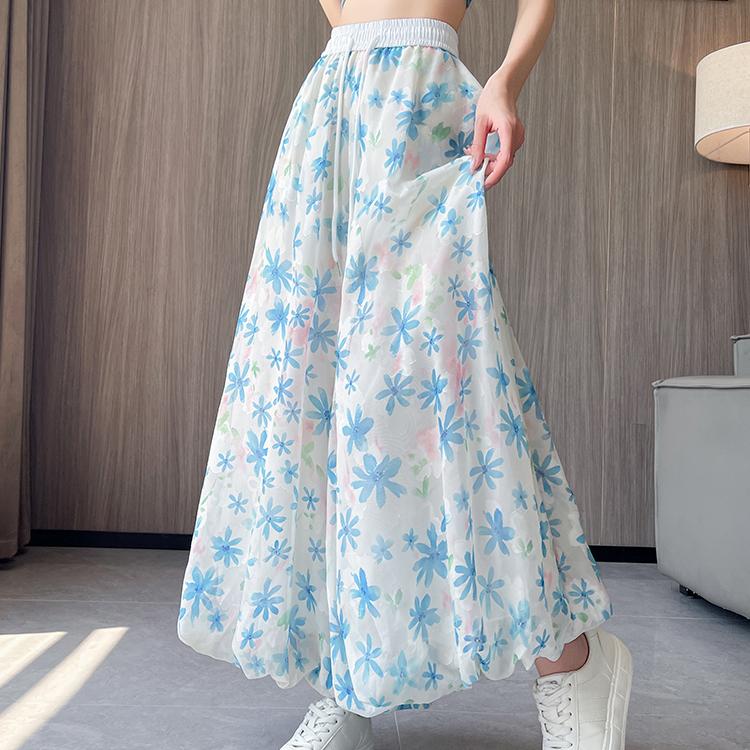 Letní dámské potištěné tenké kalhoty s vysokým pasem a širokými nohavicemi ke kotníkům, kalhoty-sukně s kapsou pro hiphopovou dívku