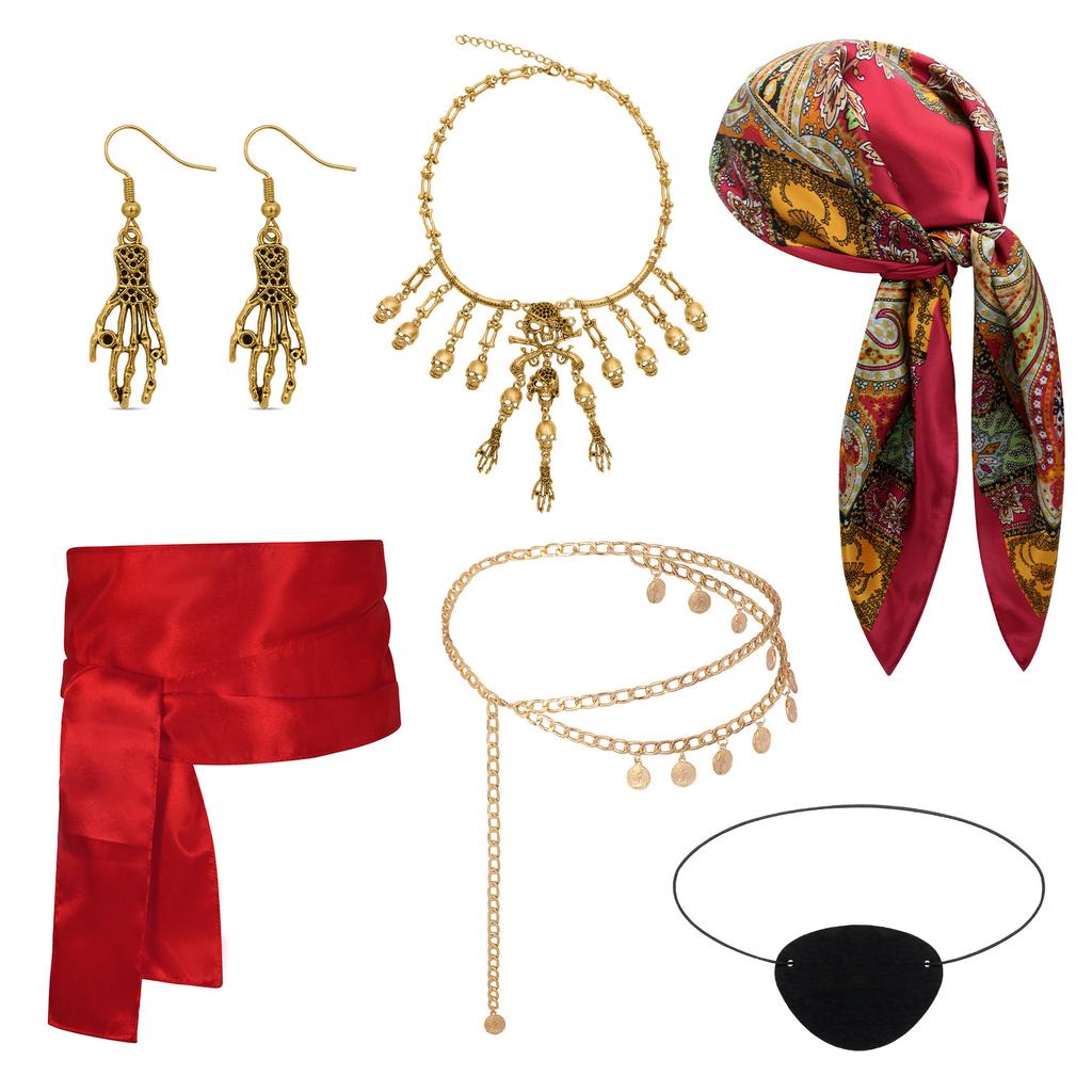 Set di Accessori Cosplay da Pirata Foulard Cintura Collana Benda sull'Occhio per Festa di Halloween