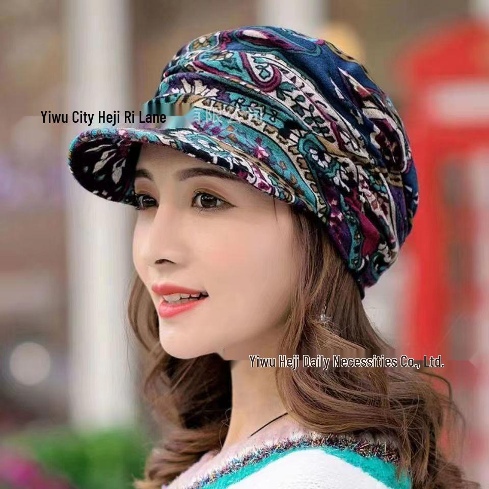 Women's Ethnic Style Plush Floral Duckbill Cap - Warm, Soft, and Versatile for Autumn and Winter